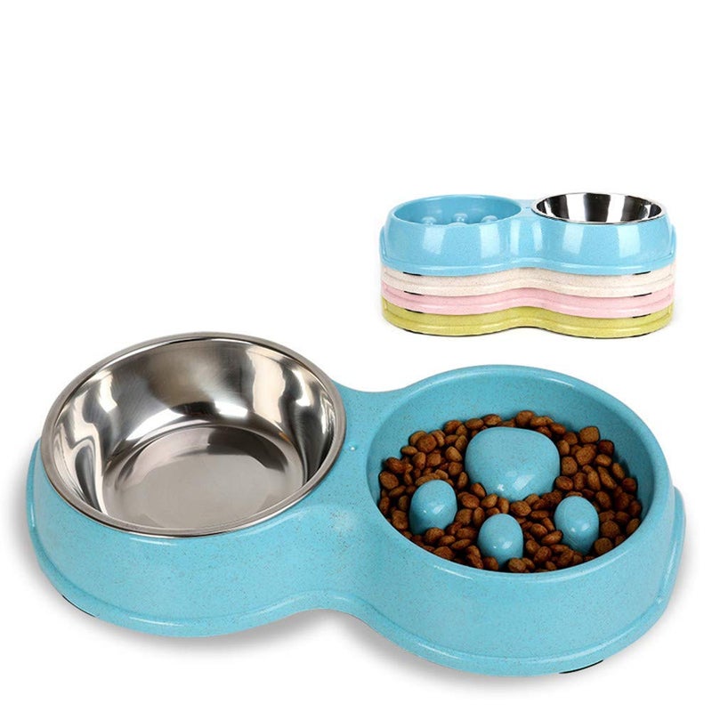 Tineer Double Pet Dog Slow Feeder Bowl,Stainless Steel Anti-Choke Puppy Food and Water Feeder for Dogs Cats (Blue) - Image 1